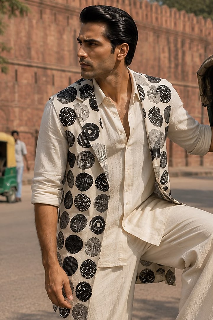 Beige Raw Silk Embroidered Jacket Set by JORAH MEN at Pernia's Pop Up Shop