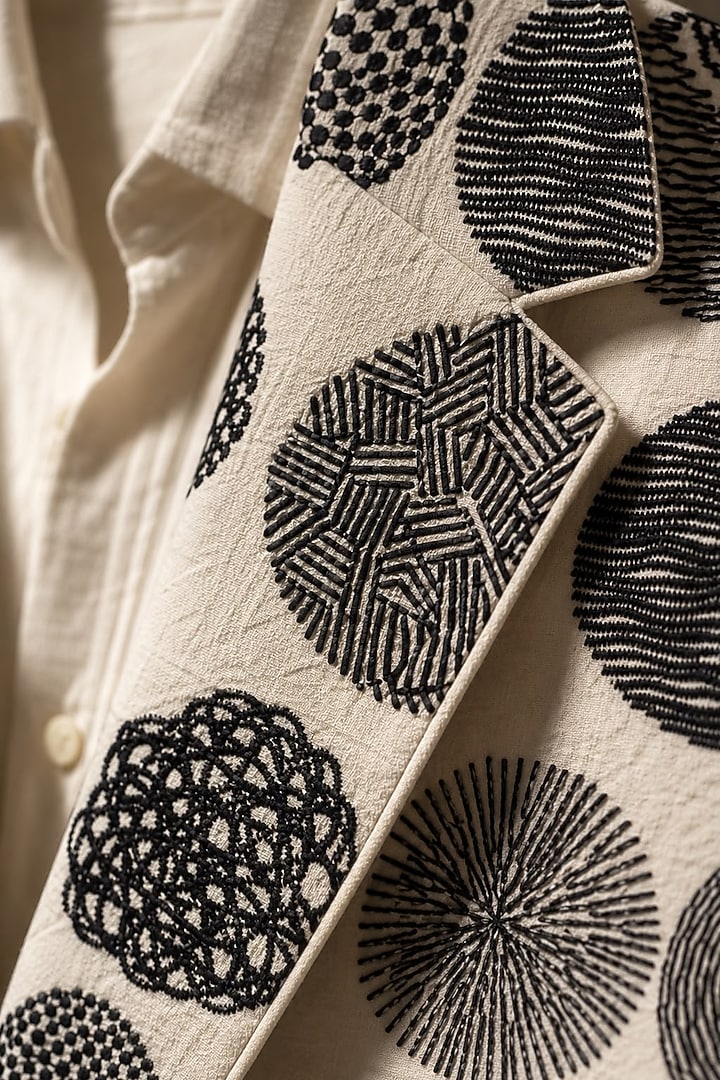 Beige Raw Silk Embroidered Jacket Set by JORAH MEN at Pernia's Pop Up Shop