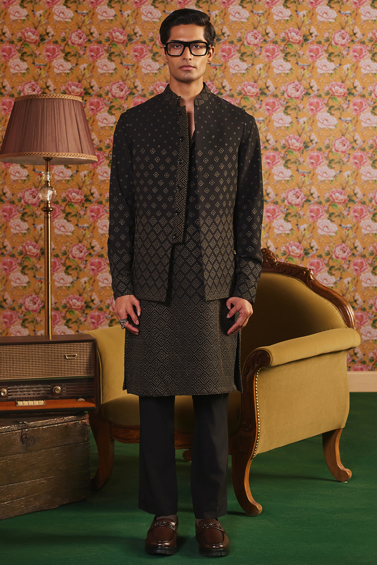 Black Mesh Georgette Resham Embroidered Nehru Jacket Set by JORAH MEN