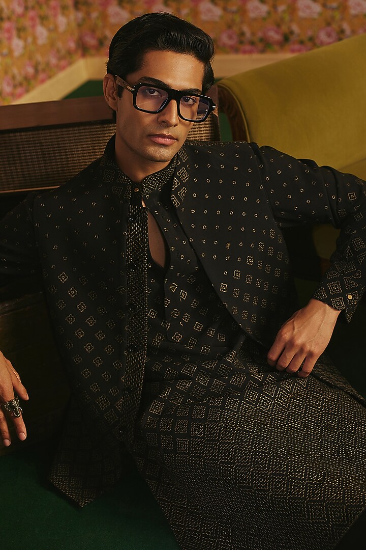 Black Mesh Georgette Resham Embroidered Nehru Jacket Set by JORAH MEN at Pernia's Pop Up Shop