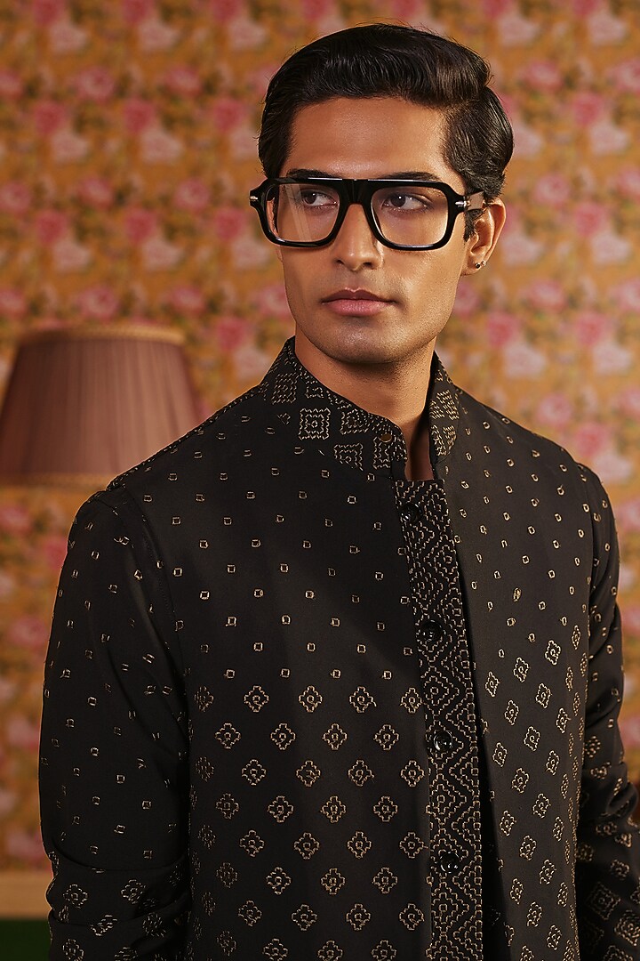 Black Mesh Georgette Resham Embroidered Nehru Jacket Set by JORAH MEN at Pernia's Pop Up Shop