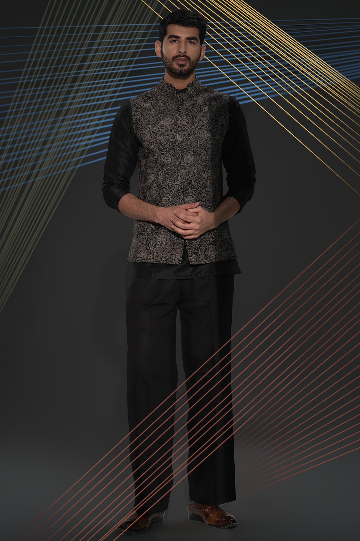 Black Pashmina Floral Thread Work Nehru Jacket Set by JORAH MEN