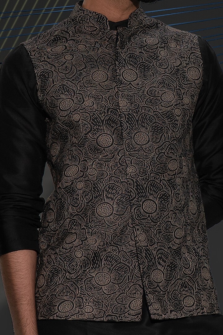 Black Pashmina Floral Thread Work Nehru Jacket Set by JORAH MEN at Pernia's Pop Up Shop