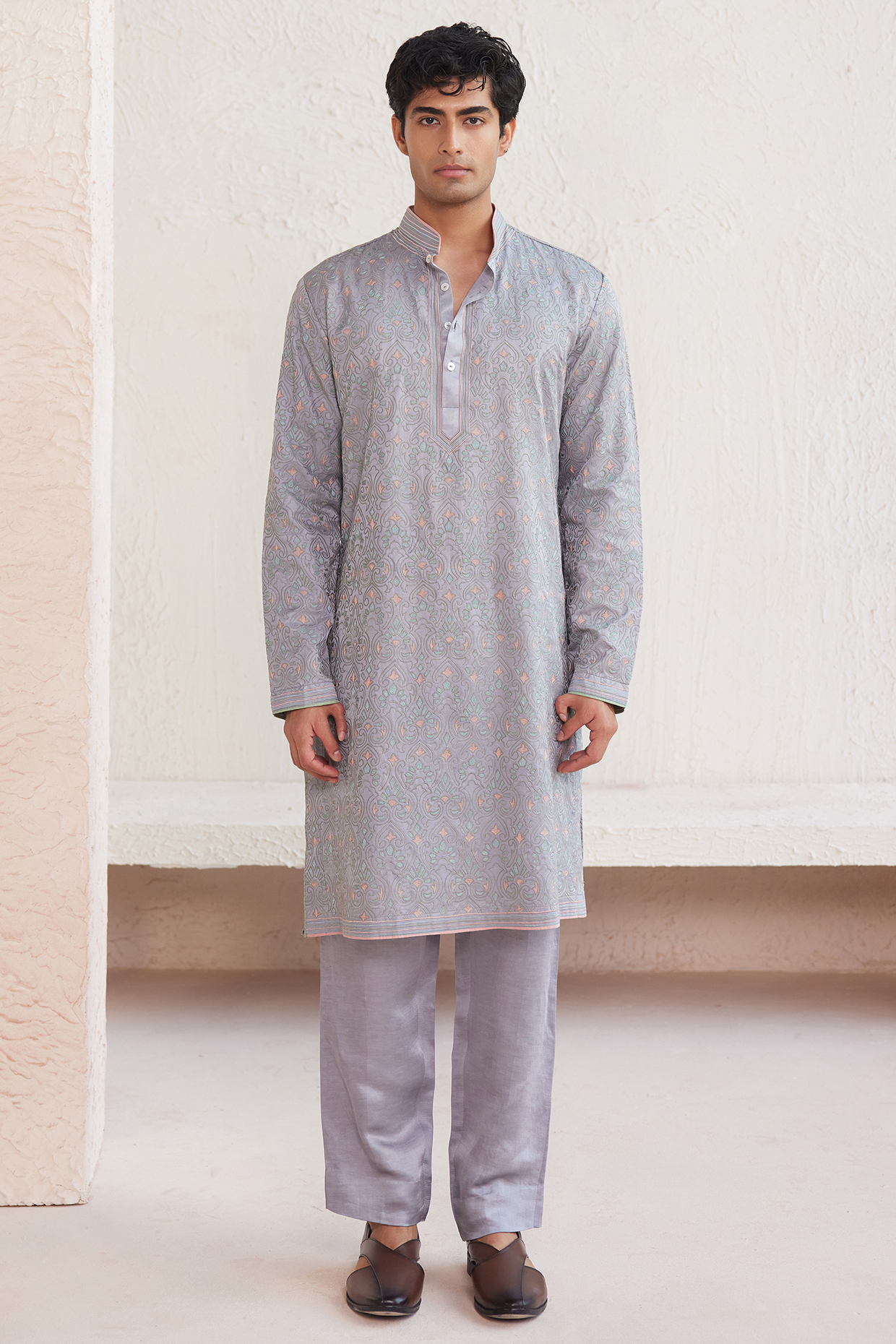 Grey Silk Resham Embroidered Kurta Set by JORAH MEN