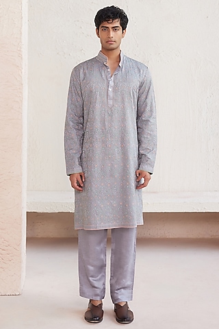 Grey Silk Resham Embroidered Kurta Set by JORAH MEN