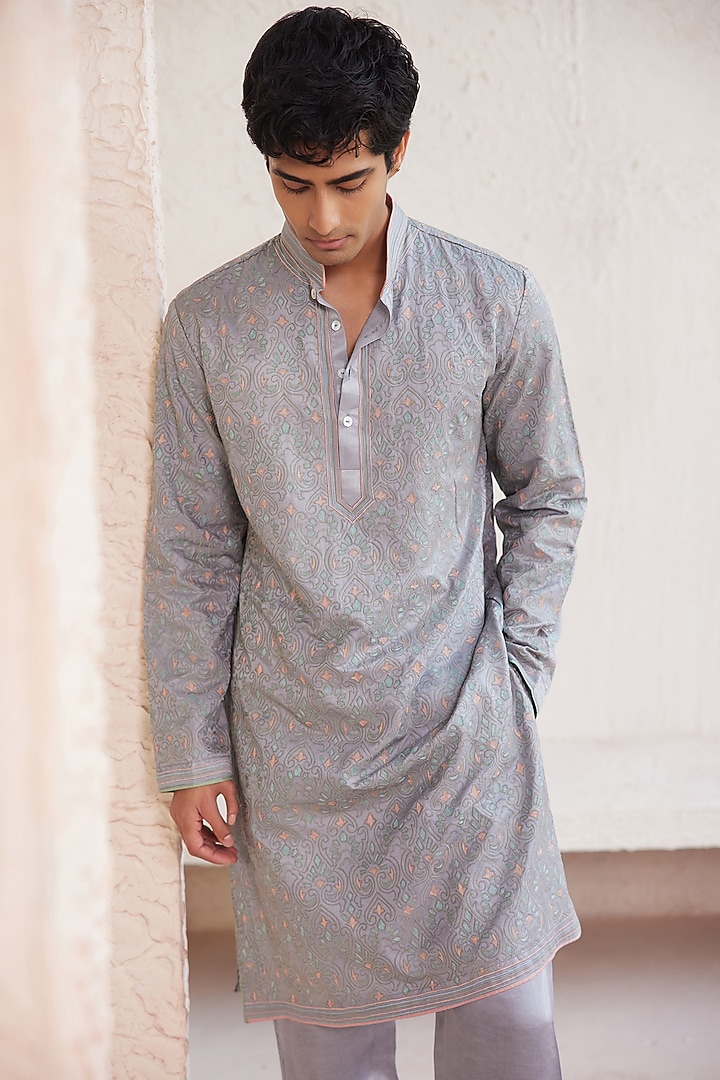 Grey Silk Resham Embroidered Kurta Set by JORAH MEN at Pernia's Pop Up Shop
