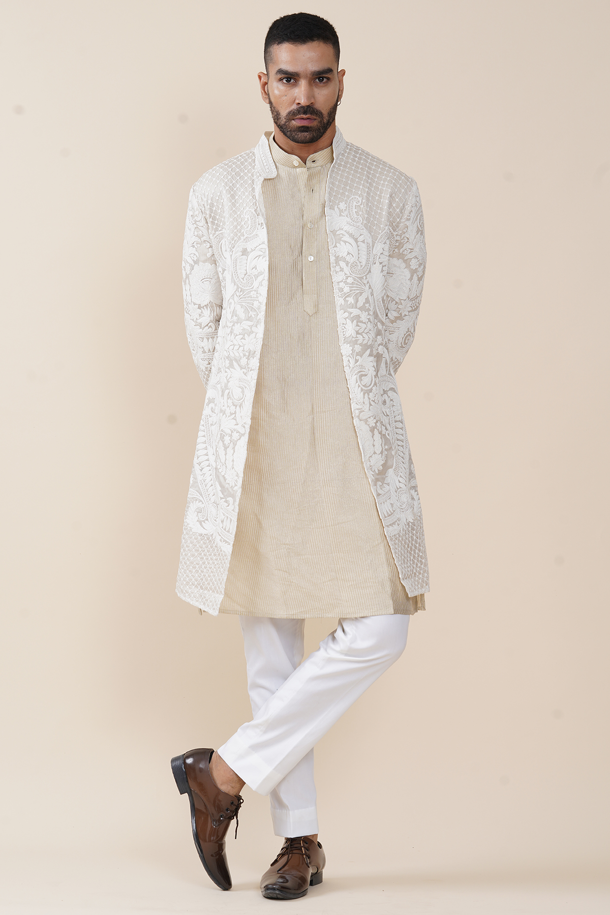 Ivory Organza Dori Embroidered Indowestern Set by JORAH MEN