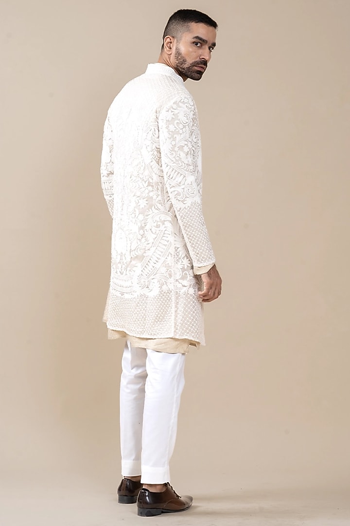 Ivory Organza Dori Embroidered Wedding Indowestern Set by JORAH MEN at Pernia's Pop Up Shop