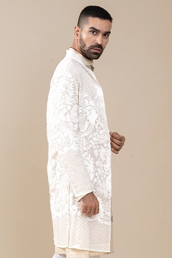 Ivory Organza Dori Embroidered Wedding Indowestern Set by JORAH MEN at Pernia's Pop Up Shop