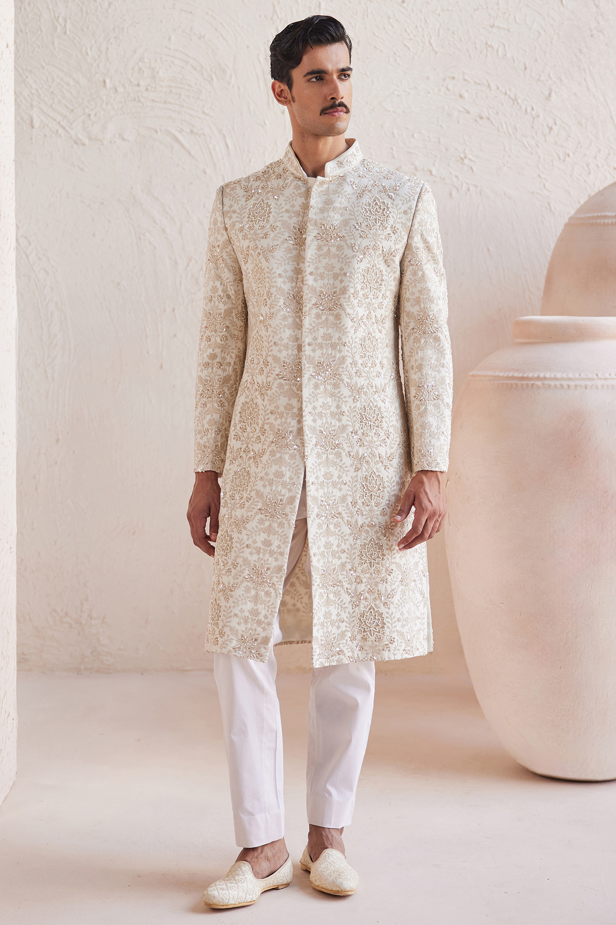 Ivory Dupion Zari Work Sherwani Set by JORAH MEN