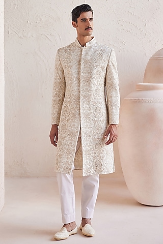 Ivory Dupion Zari Work Sherwani Set by JORAH MEN