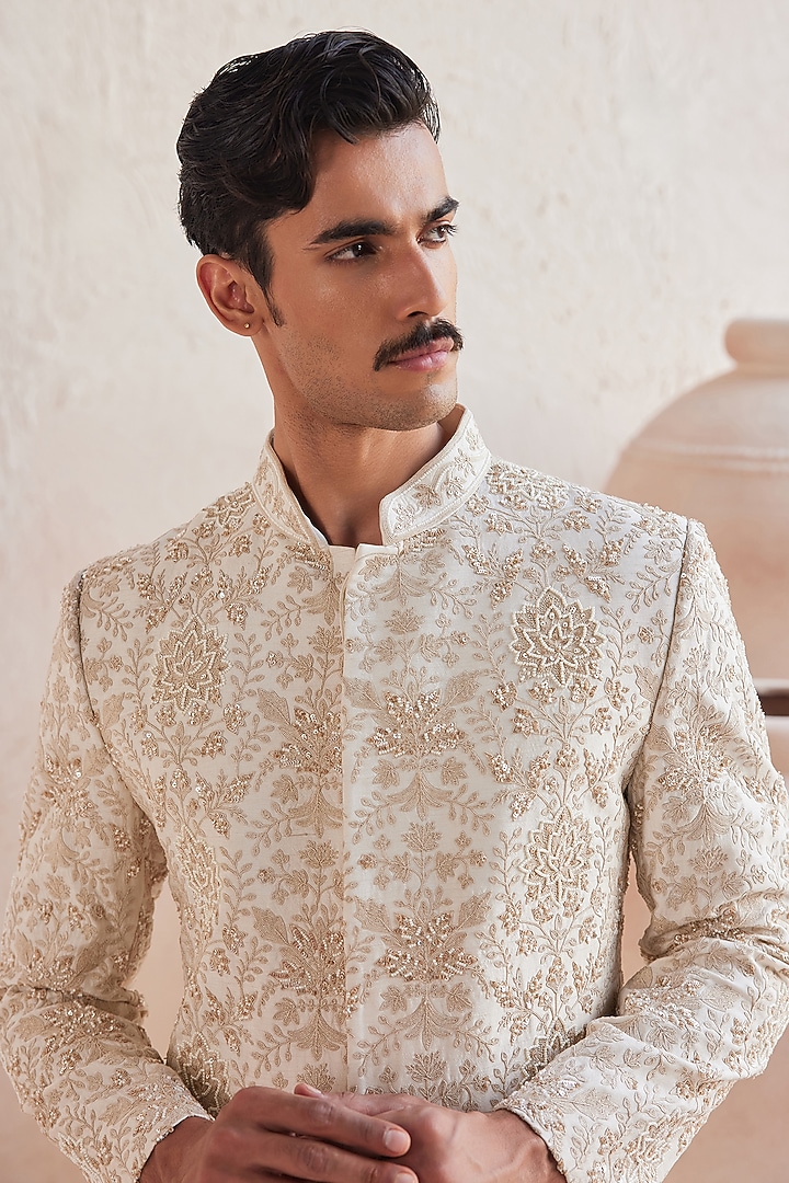 Ivory Dupion Zari Work Groom Sherwani Set by JORAH MEN at Pernia's Pop Up Shop