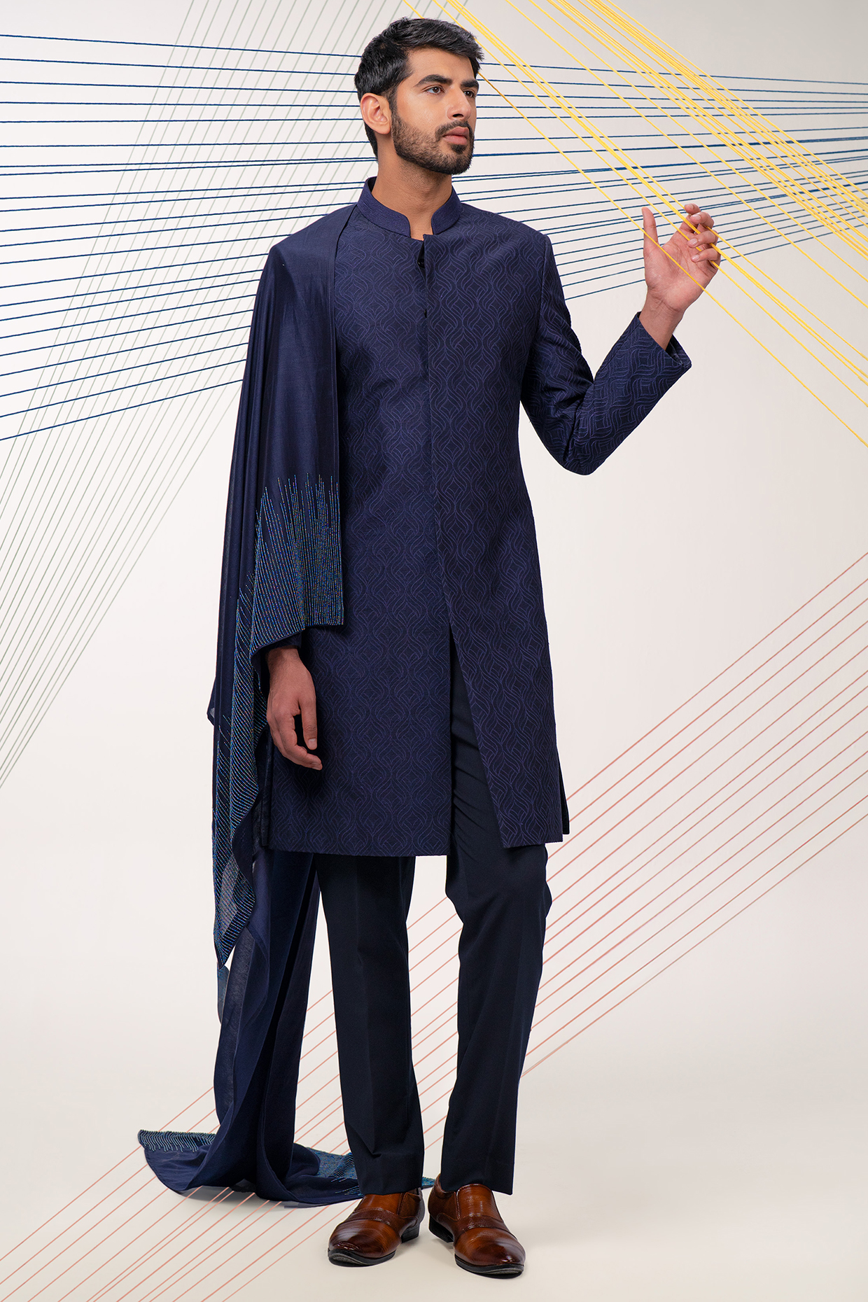 Navy Blue Dupioni Thread Embroidered Sherwani Set by JORAH MEN