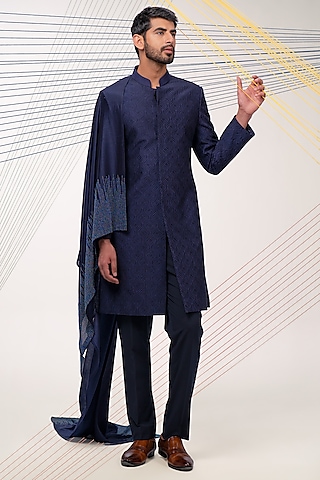 Navy Blue Dupioni Thread Embroidered Sherwani Set by JORAH MEN