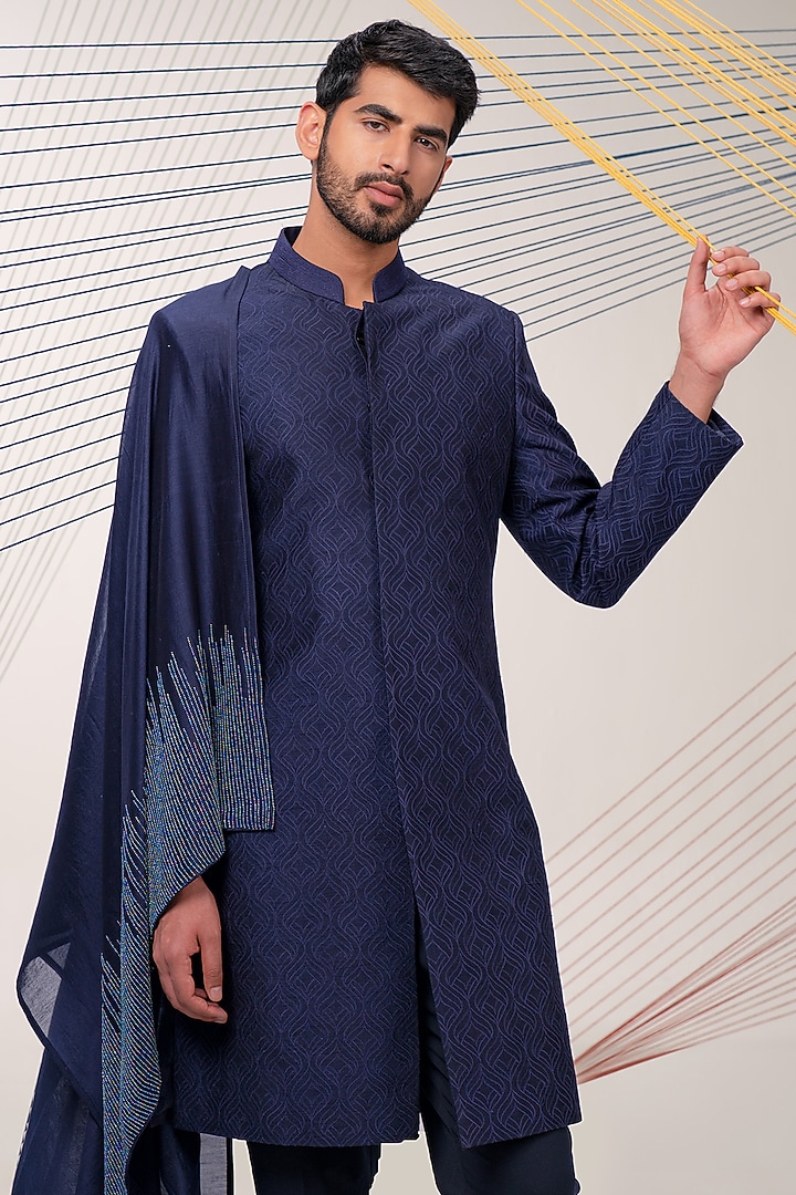 Navy Blue Dupioni Thread Embroidered Wedding Sherwani Set by JORAH MEN at Pernia's Pop Up Shop