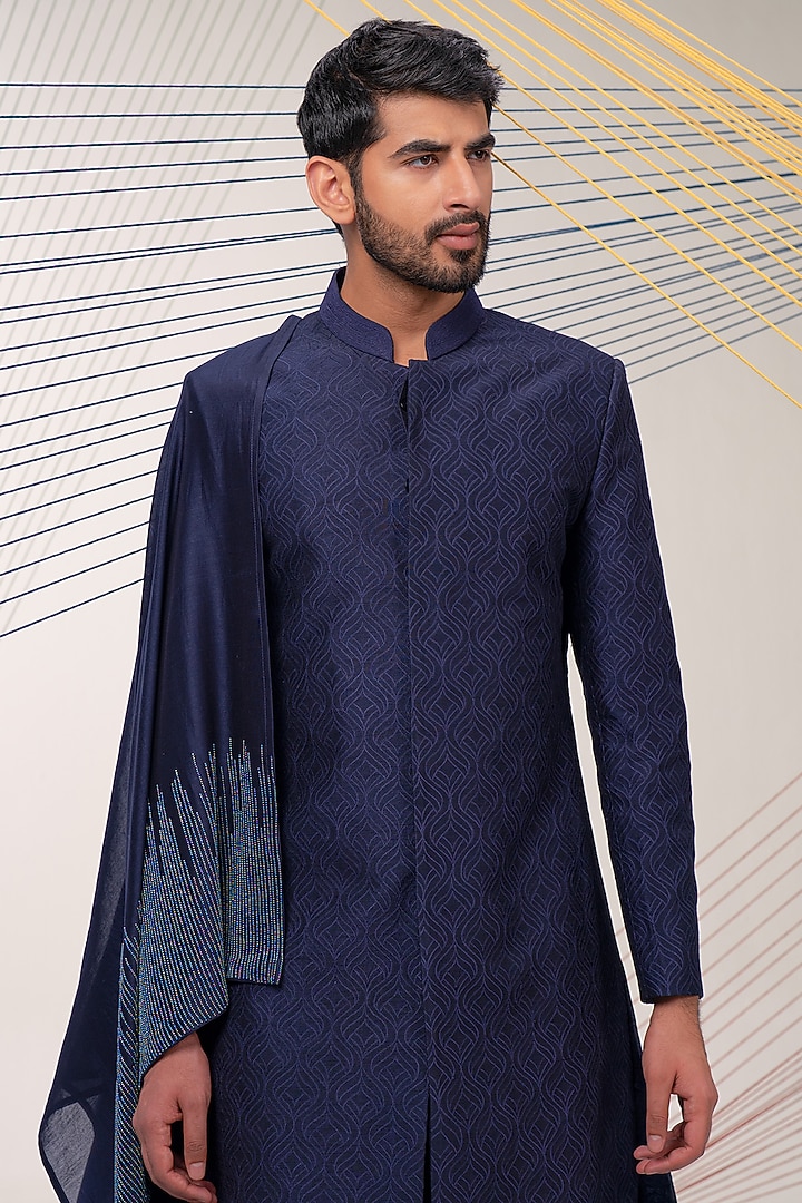 Navy Blue Dupioni Thread Embroidered Wedding Sherwani Set by JORAH MEN at Pernia's Pop Up Shop