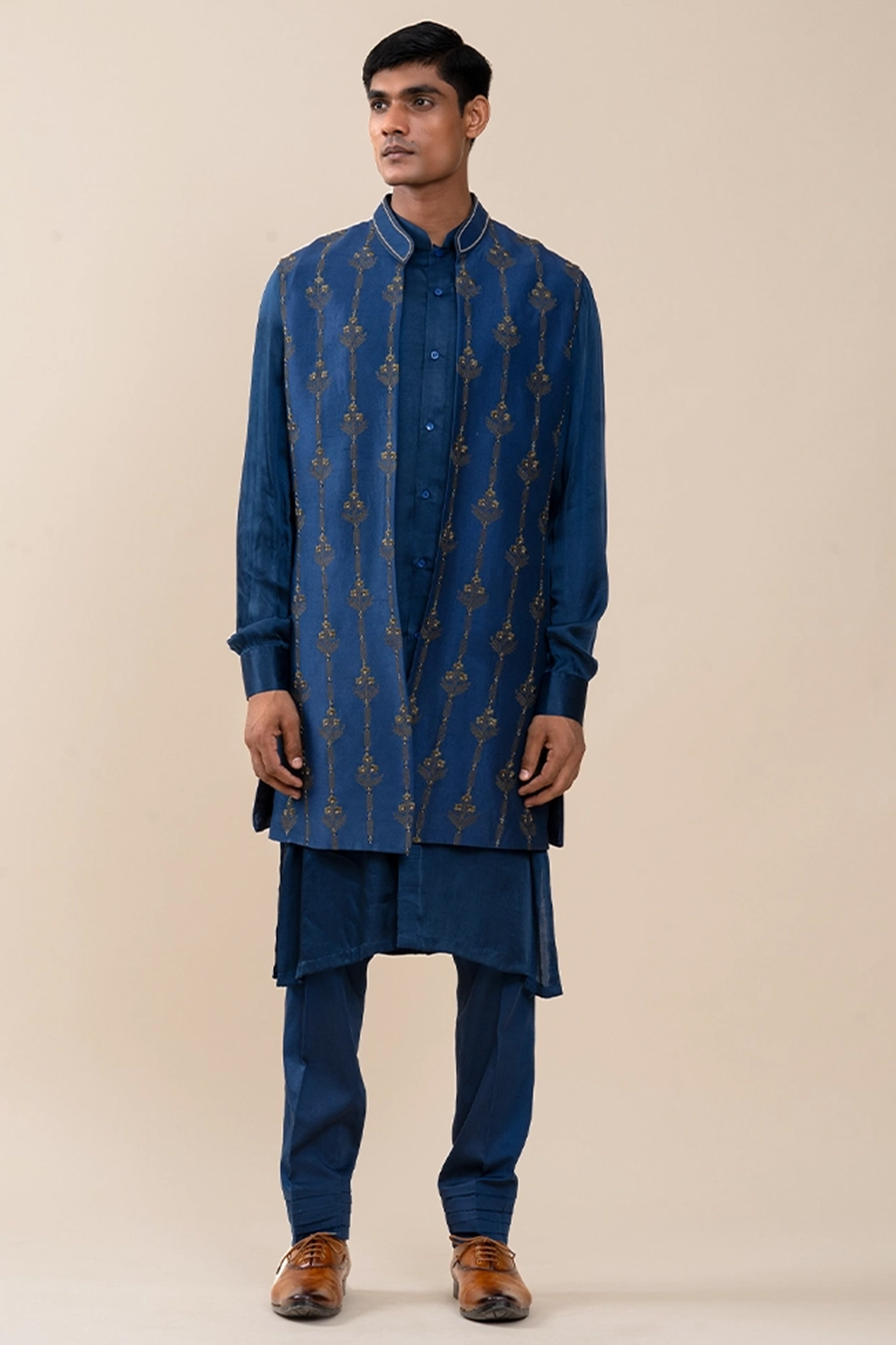 Navy Blue Dupion Floral Threadwork Indowestern Set by JORAH MEN