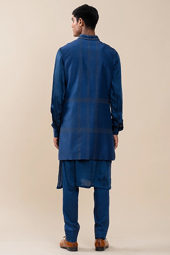 Navy Blue Dupion Floral Threadwork Wedding Indowestern Set by JORAH MEN at Pernia's Pop Up Shop