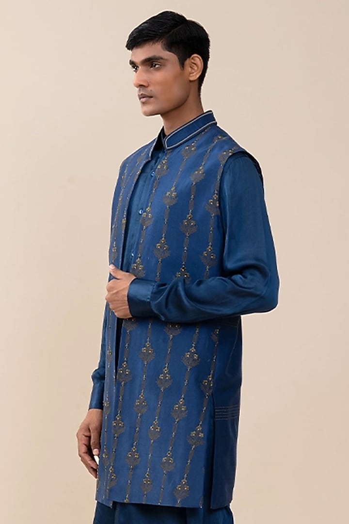 Navy Blue Dupion Floral Threadwork Wedding Indowestern Set by JORAH MEN at Pernia's Pop Up Shop
