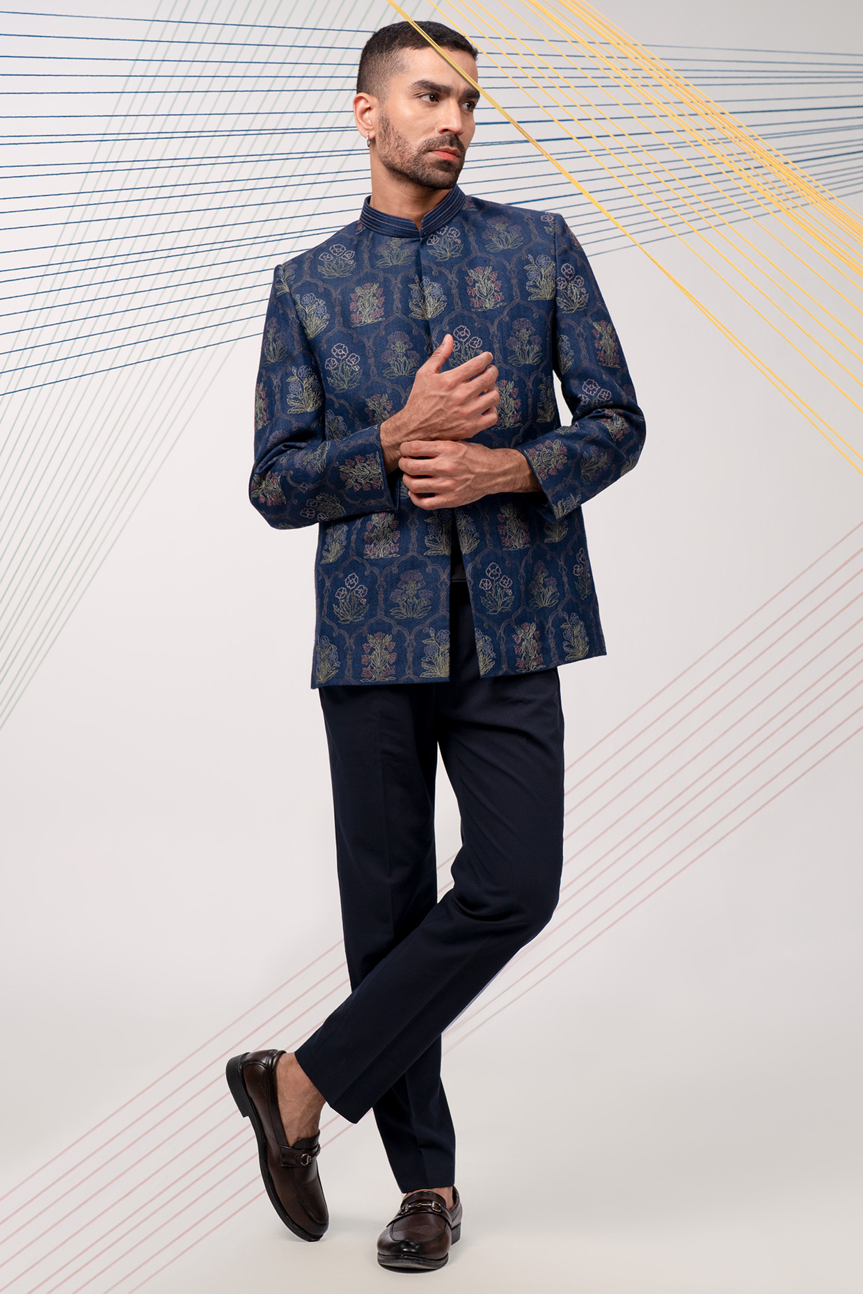 Blue Pashmina Thread Embroidered Bandhgala Set by JORAH MEN