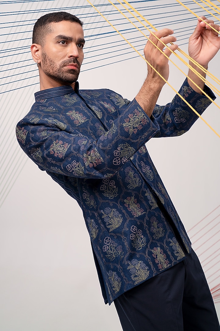 Blue Pashmina Thread Embroidered Wedding Bandhgala Set by JORAH MEN at Pernia's Pop Up Shop