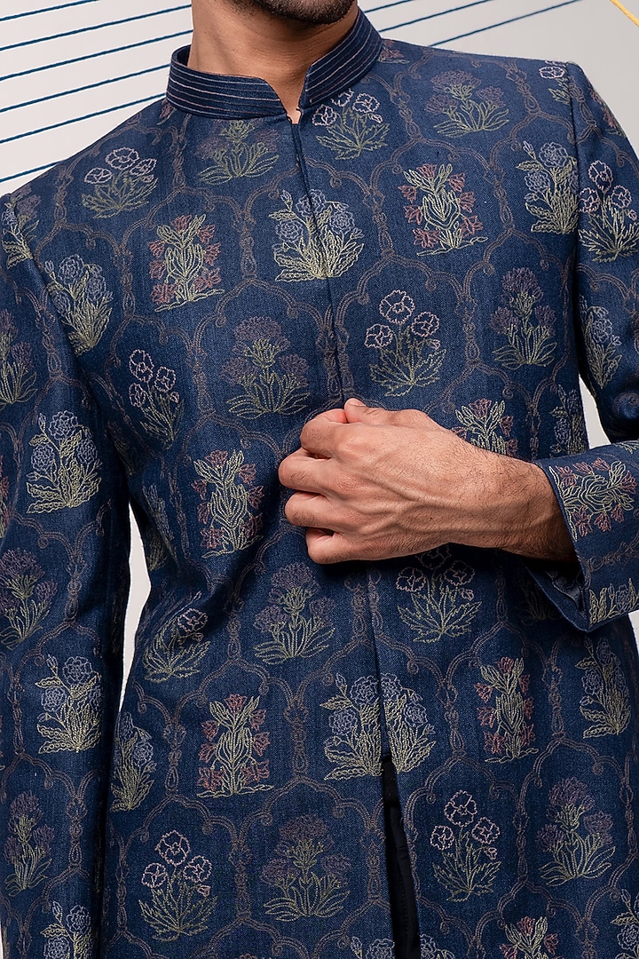 Blue Pashmina Thread Embroidered Wedding Bandhgala Set by JORAH MEN at Pernia's Pop Up Shop