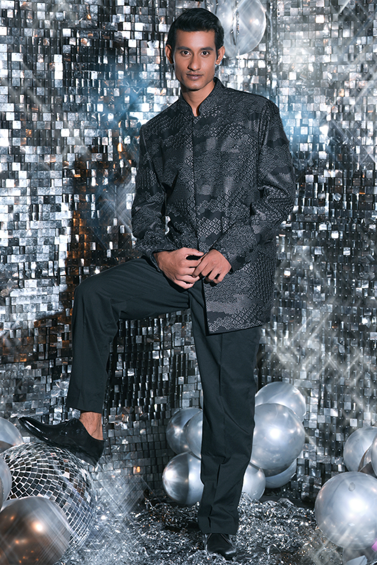 Black Silk Resham Embroidered Bandhgala Set by JORAH MEN