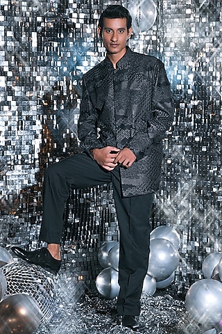 Black Silk Resham Embroidered Bandhgala Set by JORAH MEN