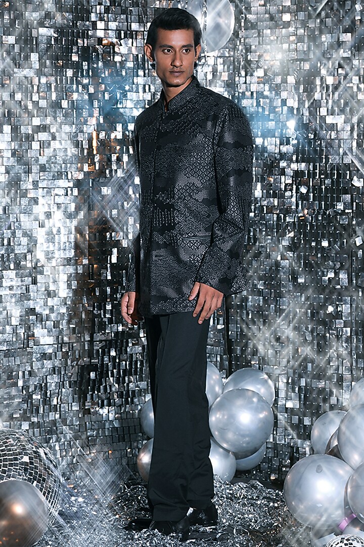 Black Silk Resham Embroidered Wedding Bandhgala Set by JORAH MEN at Pernia's Pop Up Shop