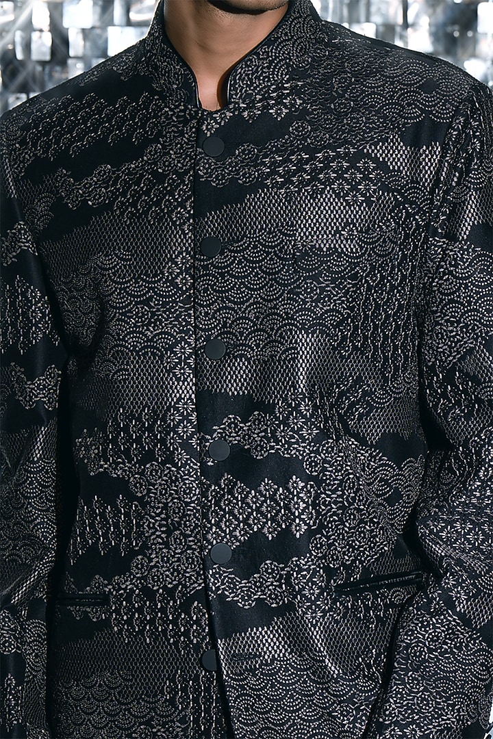 Black Silk Resham Embroidered Wedding Bandhgala Set by JORAH MEN at Pernia's Pop Up Shop