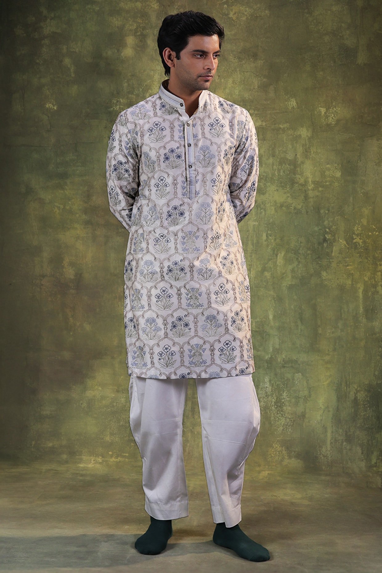 JORAH Ivory Chanderi Silk Thread Embroidered Kurta Set