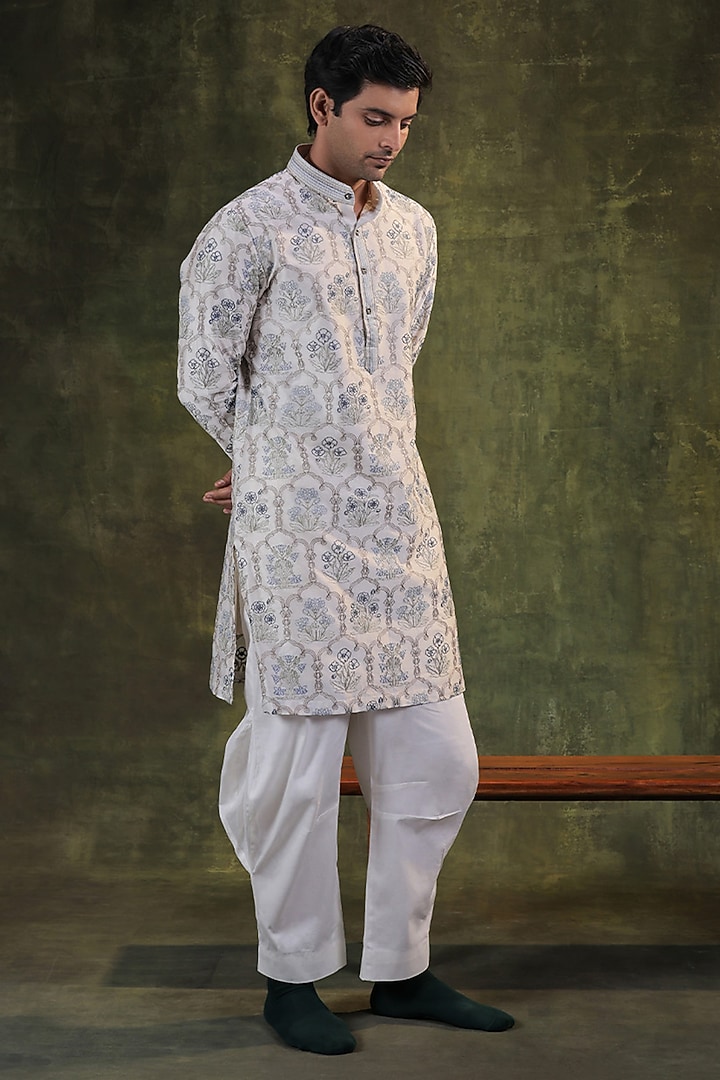 Ivory Chanderi Silk Thread Embroidered Kurta Set by JORAH MEN at Pernia's Pop Up Shop