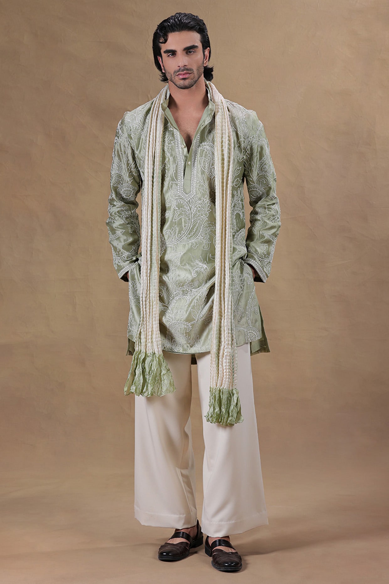 JORAH Sage Green Pure Silk Dori Embroidered Kurta Set