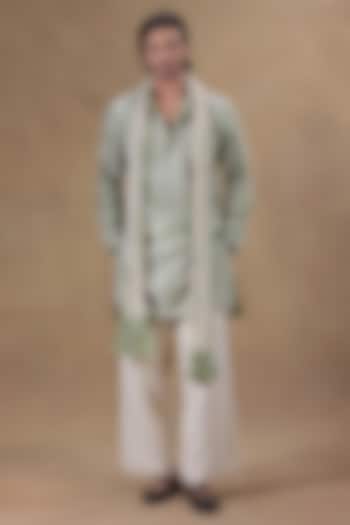 Sage Green Pure Silk Dori Embroidered Kurta Set by JORAH MEN at Pernia's Pop Up Shop