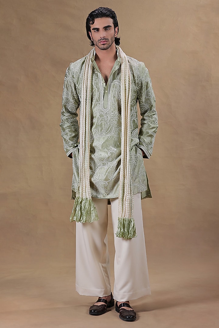 Sage Green Pure Silk Dori Embroidered Kurta Set by JORAH MEN at Pernia's Pop Up Shop