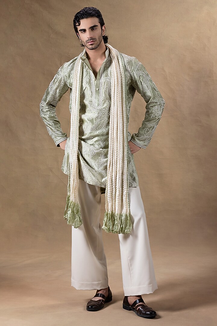 Sage Green Pure Silk Dori Embroidered Kurta Set by JORAH MEN at Pernia's Pop Up Shop