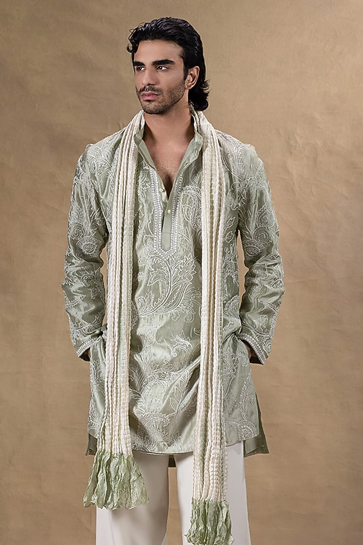 Sage Green Pure Silk Dori Embroidered Kurta Set by JORAH MEN at Pernia's Pop Up Shop