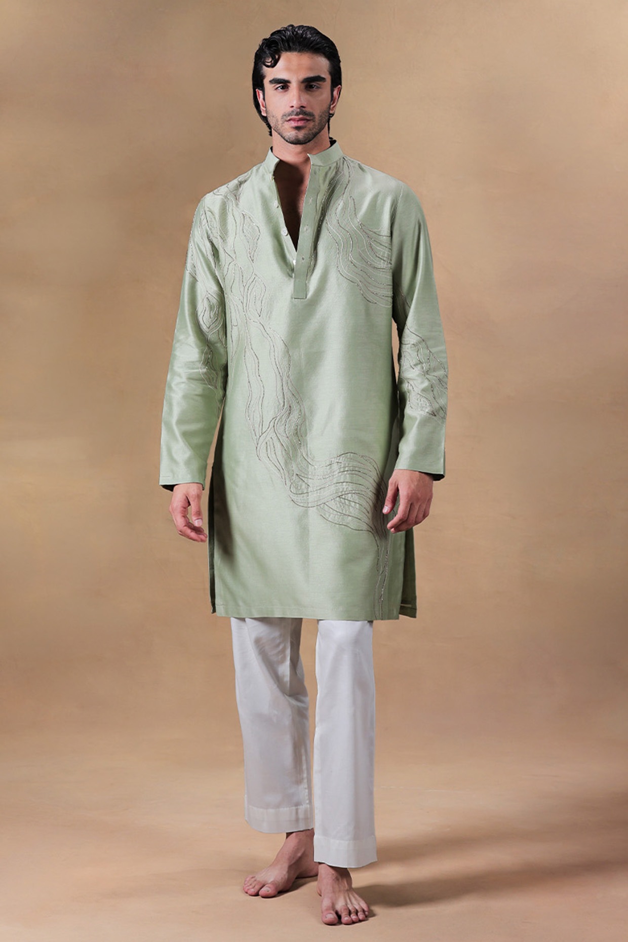 JORAH Sage Green Pure Chanderi Silk Resham Embroidered Kurta Set