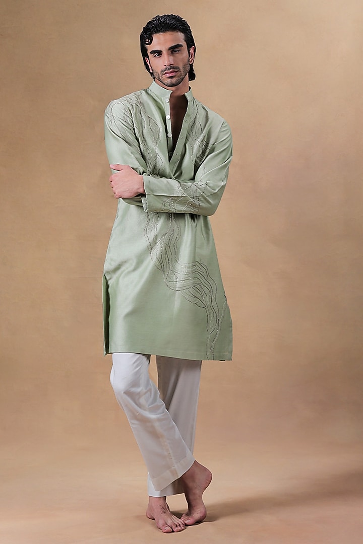Sage Green Pure Chanderi Silk Resham Embroidered Kurta Set by JORAH MEN at Pernia's Pop Up Shop