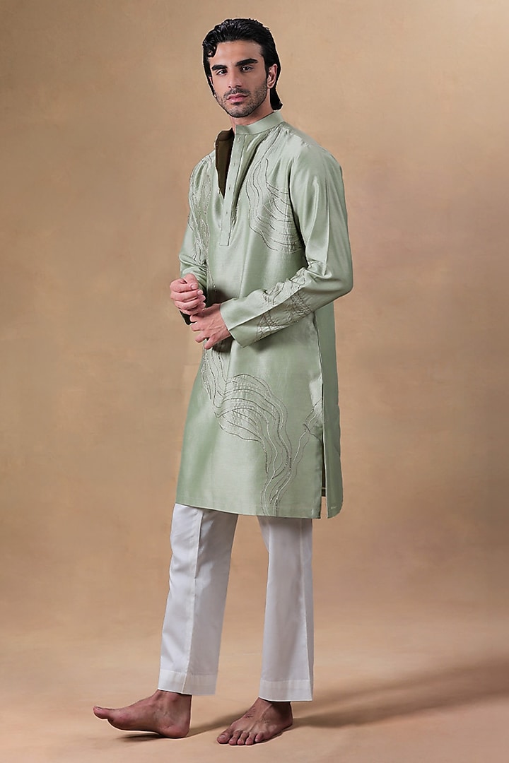 Sage Green Pure Chanderi Silk Resham Embroidered Kurta Set by JORAH MEN at Pernia's Pop Up Shop