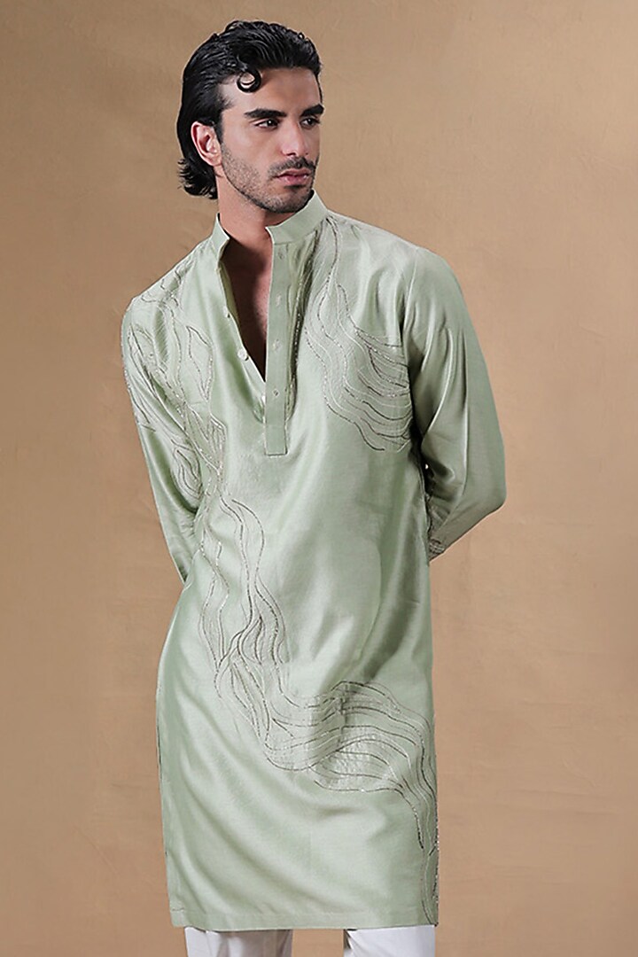Sage Green Pure Chanderi Silk Resham Embroidered Kurta Set by JORAH MEN at Pernia's Pop Up Shop