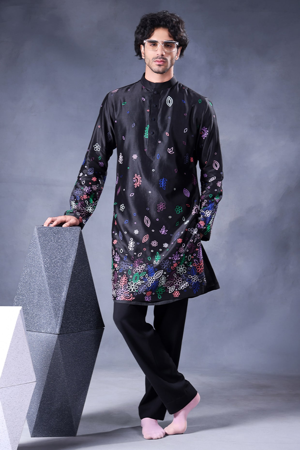 JORAH Black Pure Chanderi Silk Thread Embroidered Kurta Set