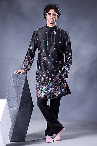 Black Pure Chanderi Silk Thread Embroidered Kurta Set by JORAH MEN
