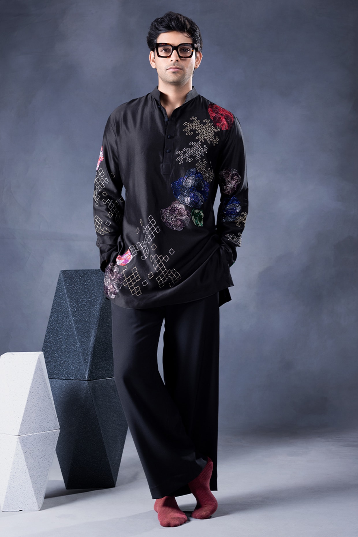 JORAH Black Pure Chanderi Silk Cutdana Embroidered Kurta Set
