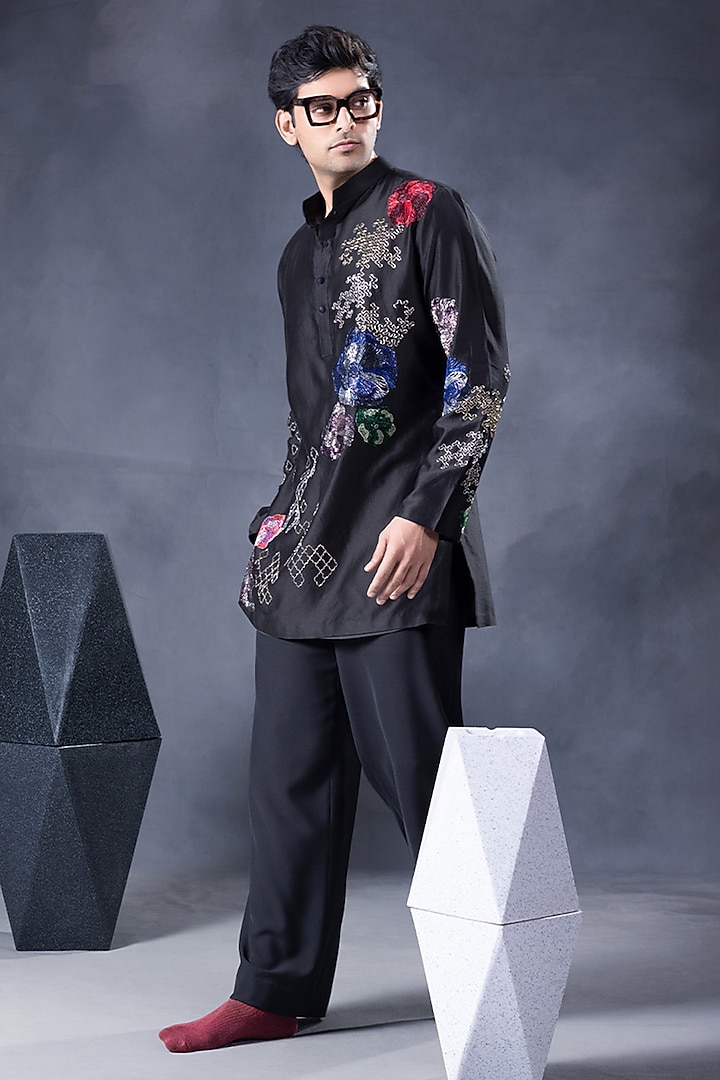Black Pure Chanderi Silk Cutdana Embroidered Kurta Set by JORAH MEN at Pernia's Pop Up Shop