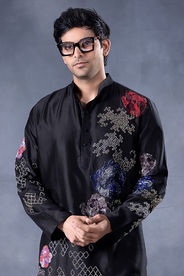 Black Pure Chanderi Silk Cutdana Embroidered Kurta Set by JORAH MEN at Pernia's Pop Up Shop