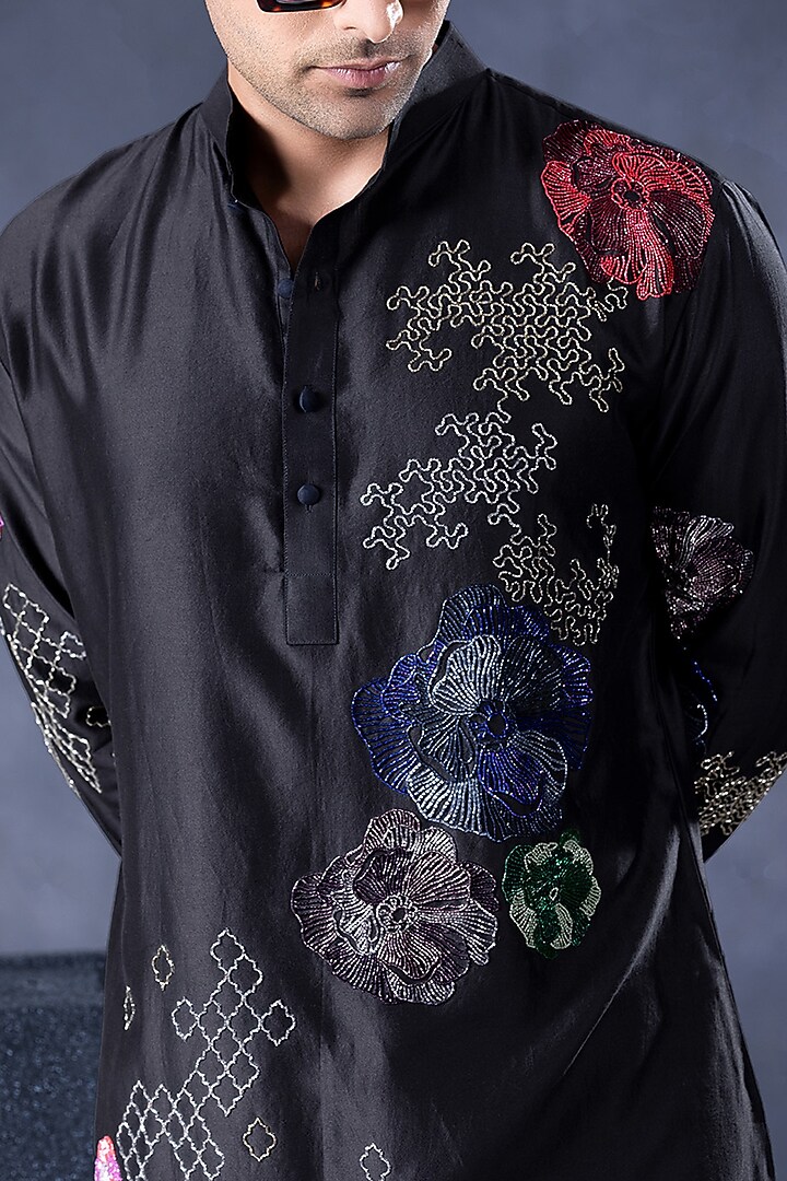 Black Pure Chanderi Silk Cutdana Embroidered Kurta Set by JORAH MEN at Pernia's Pop Up Shop