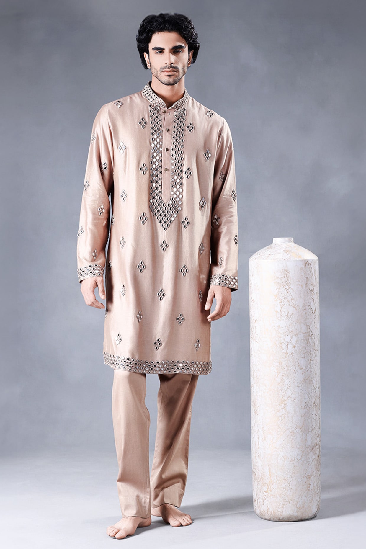JORAH Beige-Brown Pure Chanderi Silk Mirror Work Kurta Set