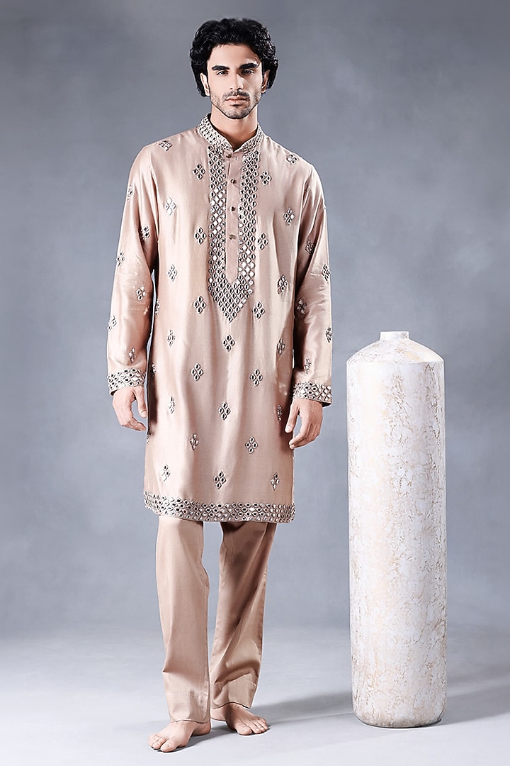 Beige-Brown Pure Chanderi Silk Mirror Work Kurta Set by JORAH MEN at Pernia's Pop Up Shop