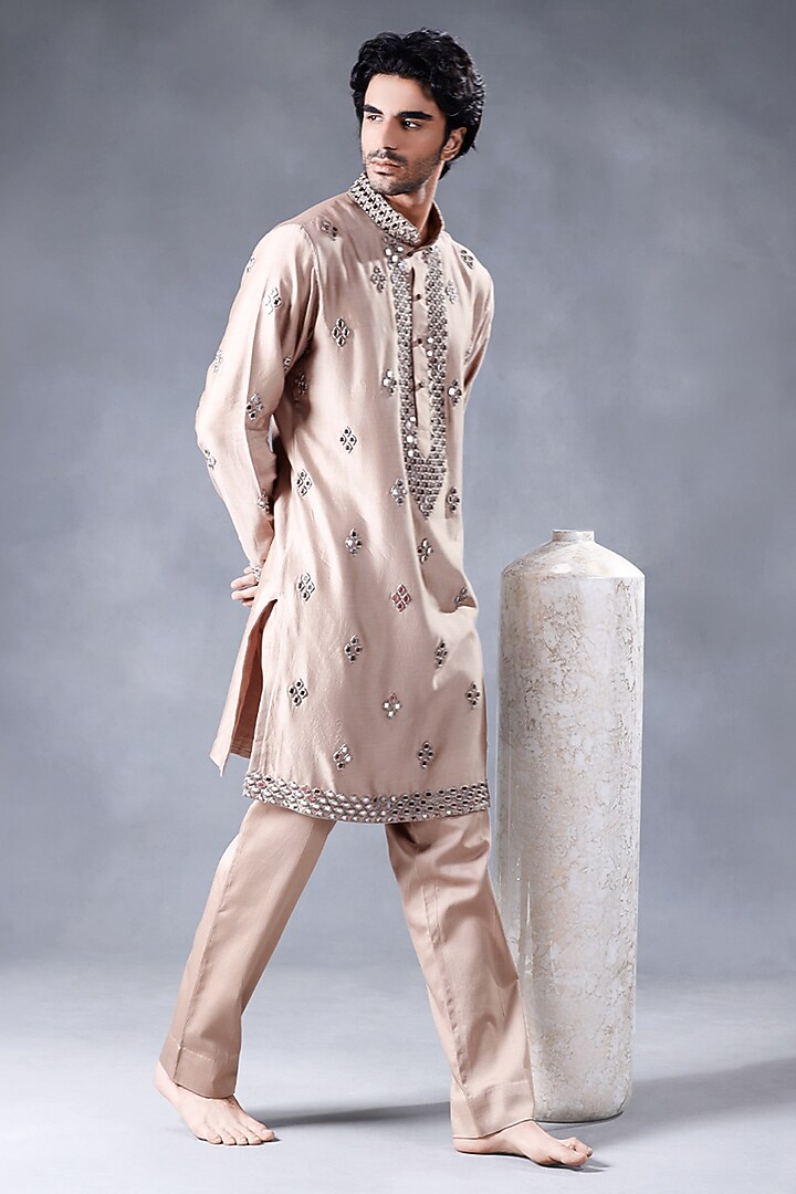 Beige-Brown Pure Chanderi Silk Mirror Work Kurta Set by JORAH MEN at Pernia's Pop Up Shop